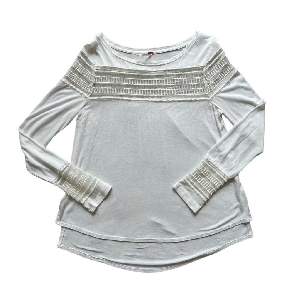 Free People White Long Sleeve Lace Yoke Tee